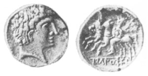 Denario de IKaLKuSKen, fotografía F.Chaves: "Los Tesoros en el Sur de Hispania"